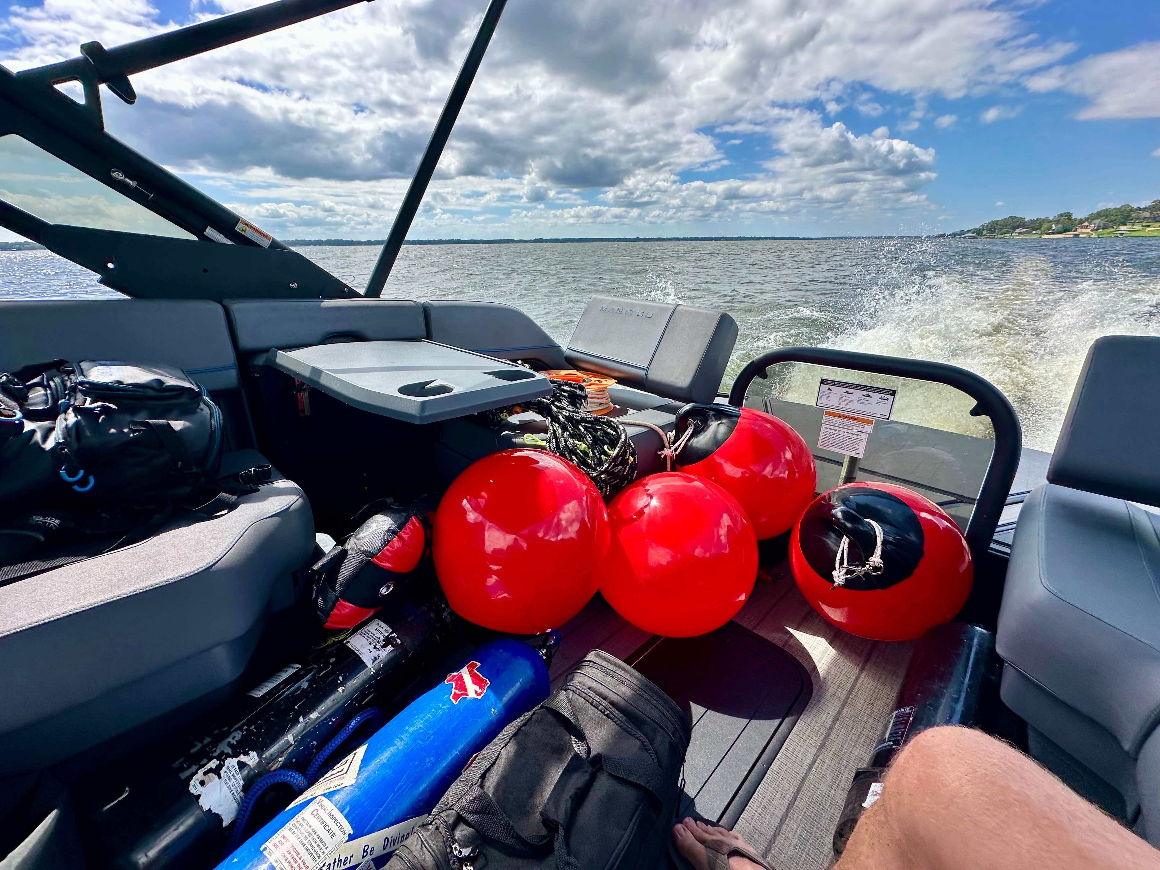 Buoys and recovery gear underway on the lake